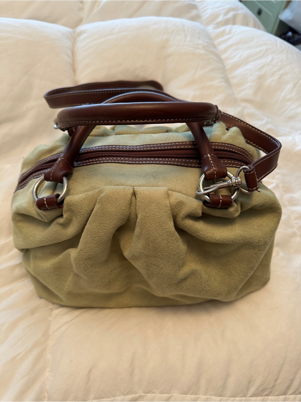 Tommy Hilfiger Olive Suede Satchel with Brown Leather Trim
